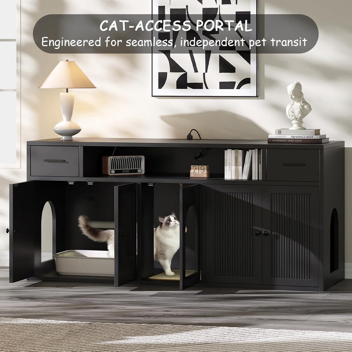 Cat Litter Box Enclosure, Litter Box Furniture for 2 Cats, Litter Box Enclosure with Socket for Living Room (Black)