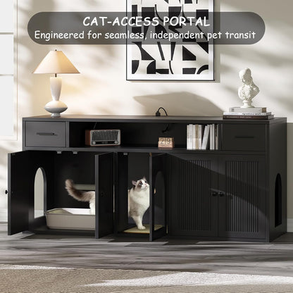 Cat Litter Box Enclosure, Litter Box Furniture for 2 Cats, Litter Box Enclosure with Socket for Living Room (Black)