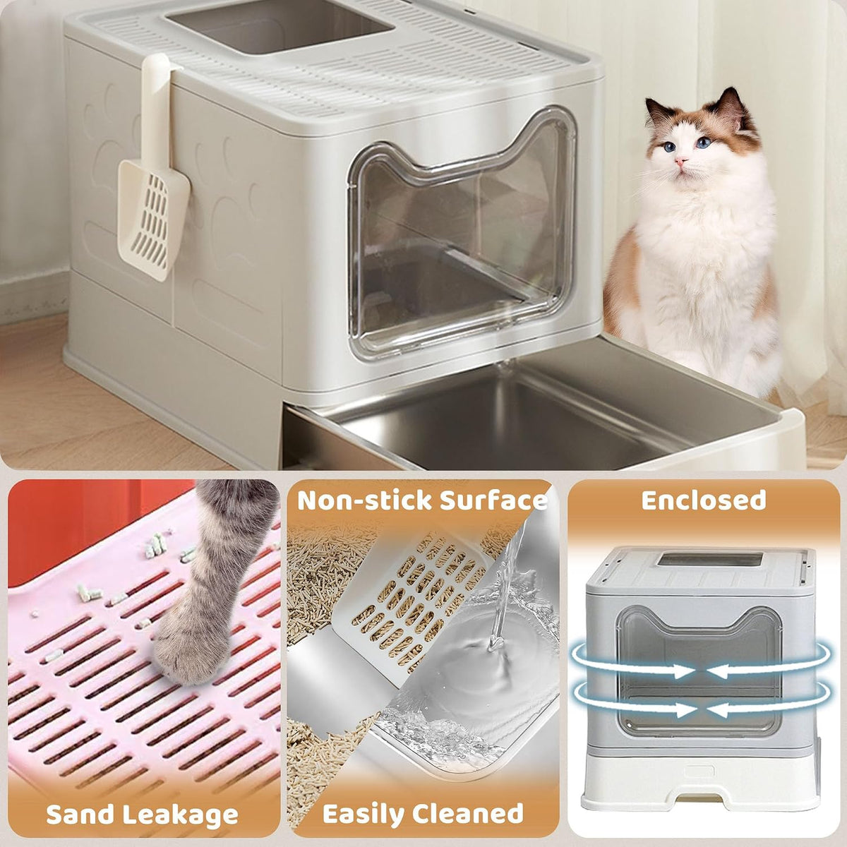 Enclosed Cat Litter Box with Lid Top Exit Covered Metal Stainless Steel Litter Box Leak Proof & Odorless Easy to Clean Including Cat Litter Scoop and Litter Mat