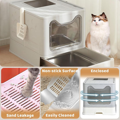 Enclosed Cat Litter Box with Lid Top Exit Covered Metal Stainless Steel Litter Box Leak Proof & Odorless Easy to Clean Including Cat Litter Scoop and Litter Mat