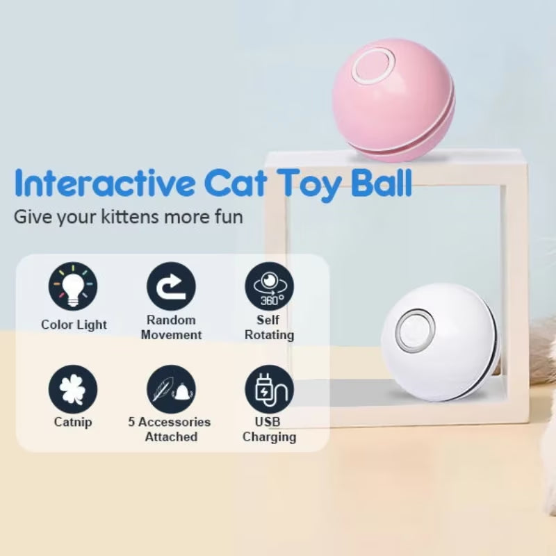 Interactive Cat Toy Ball, Automatic Rolling with LED Lights, Detachable Feather, Catnip, 360° Motion, for Indoor Pets, Grey