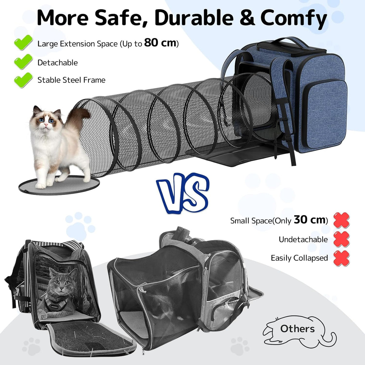 Cat Backpack with Play Tunnel, Design for Carrying Playing Blue