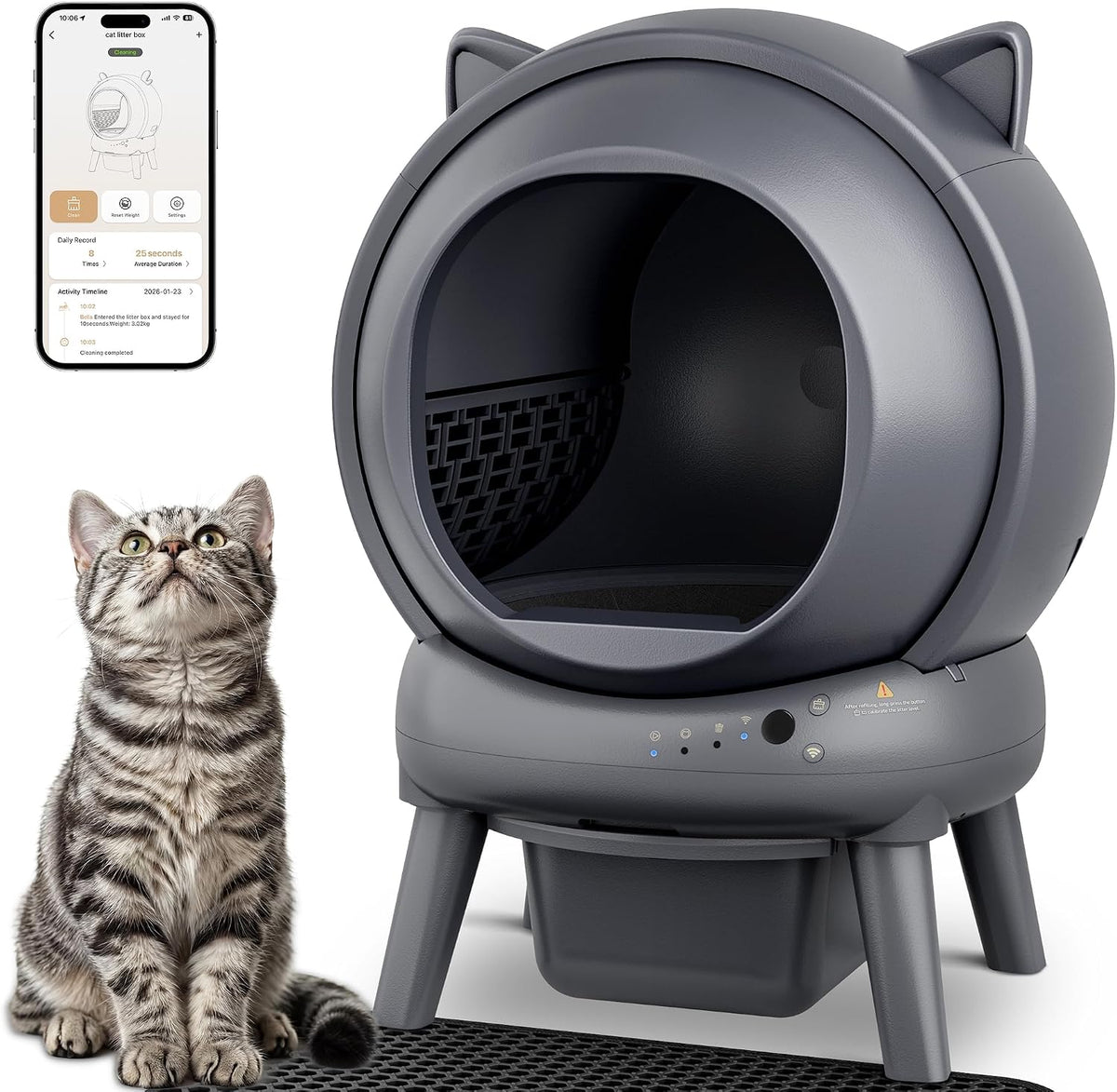 Automatic Self Cleaning Litter Box, Cat Litter Box with APP Control, 65L Globe & Dual Safety Sensors, Robot Litter Box, 1 Roll Garbage Bags and Litter Mat, <35DB, for Multiple Cats, Grey