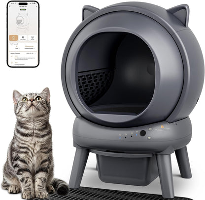 Automatic Self Cleaning Litter Box, Cat Litter Box with APP Control, 65L Globe & Dual Safety Sensors, Robot Litter Box, 1 Roll Garbage Bags and Litter Mat, <35DB, for Multiple Cats, Grey