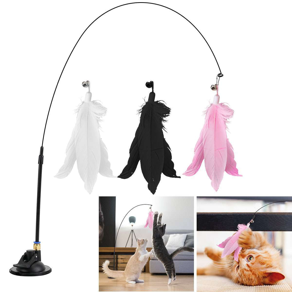 Bendable Teaser Wand Toy with Suction Cup Base Feather Bells Cat Interactive Pet
