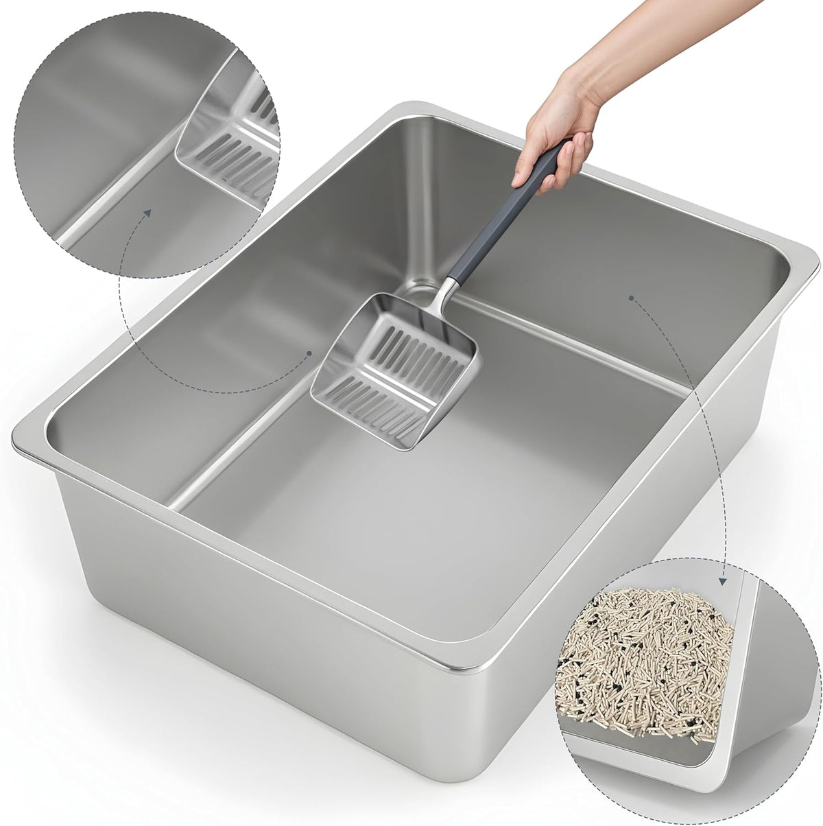 Stainless Steel Cat Litter Box - Metal High Sided Cat Pan, Large Stainless Steel