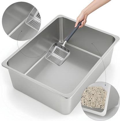Stainless Steel Cat Litter Box - Metal High Sided Cat Pan, Large Stainless Steel