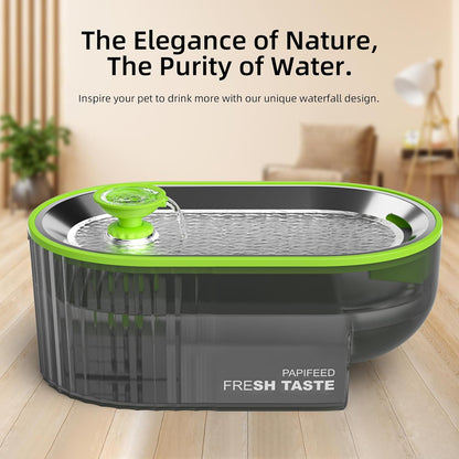 Cat Water Fountain Stainless Steel with a Silicone Mat, 84Oz/2.5L Automatic Pet Water Fountain with LED Water Level Window, Quiet Low Power Cat Water Bowl & Cat Water Dispenser (Green)