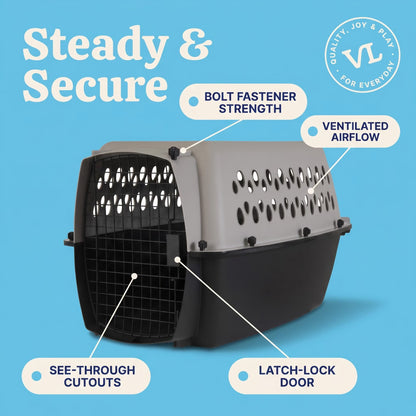 Small Plastic Hard-Sided Pet Carrier, Black and Gray, 15 Lb Limit