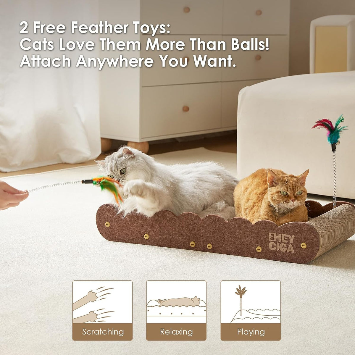 26" Large Cardboard Cat Scratcher Bed with 2 Cat Toys, Brown