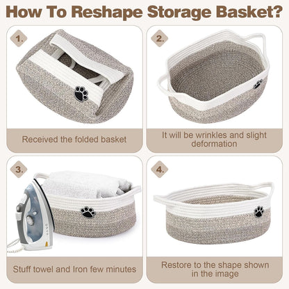Dog Toy Basket, 30L Toy Box and Bin for Dog Cat Storage, 19.7" X 11" X 7.9" Large Woven Rope Basket for Blanket Storage, Living Room, Bedroom, White & Brown