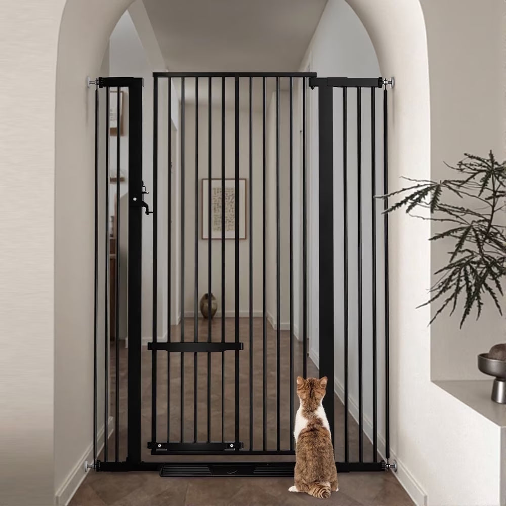 Pet Gate, 55.1 Inch Extra Tall Dog Gate,29.5''-40.6''Wide with Cat Door,Pet Gate for Doorway Stairs,Black