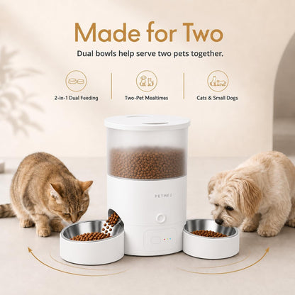 3L Dual Automatic Pet Feeder - Smart & Quiet Cat Automatic Feeders for 2 Cats with App Control, 2 Way Audio, Dual Power Options, Portion Control, Self-Feeding Cat Food Dispenser - White