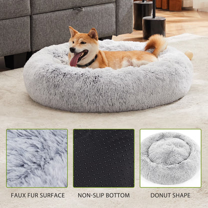 Calming Donut Dog & Cat Bed, 20 Inches round Fluffy Dog Beds for Medium Dogs, Anti-Anxiety Plush Dog Bed, Machine Washable Pet Bed, Gray