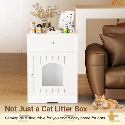 Litter Box Enclosure, Hidden Cat Litter Box Cabinet with Drawer, Wooden Pet Crate, Litter Box Furniture as Cat House, End Table, Fit Most of Litter Box (White)