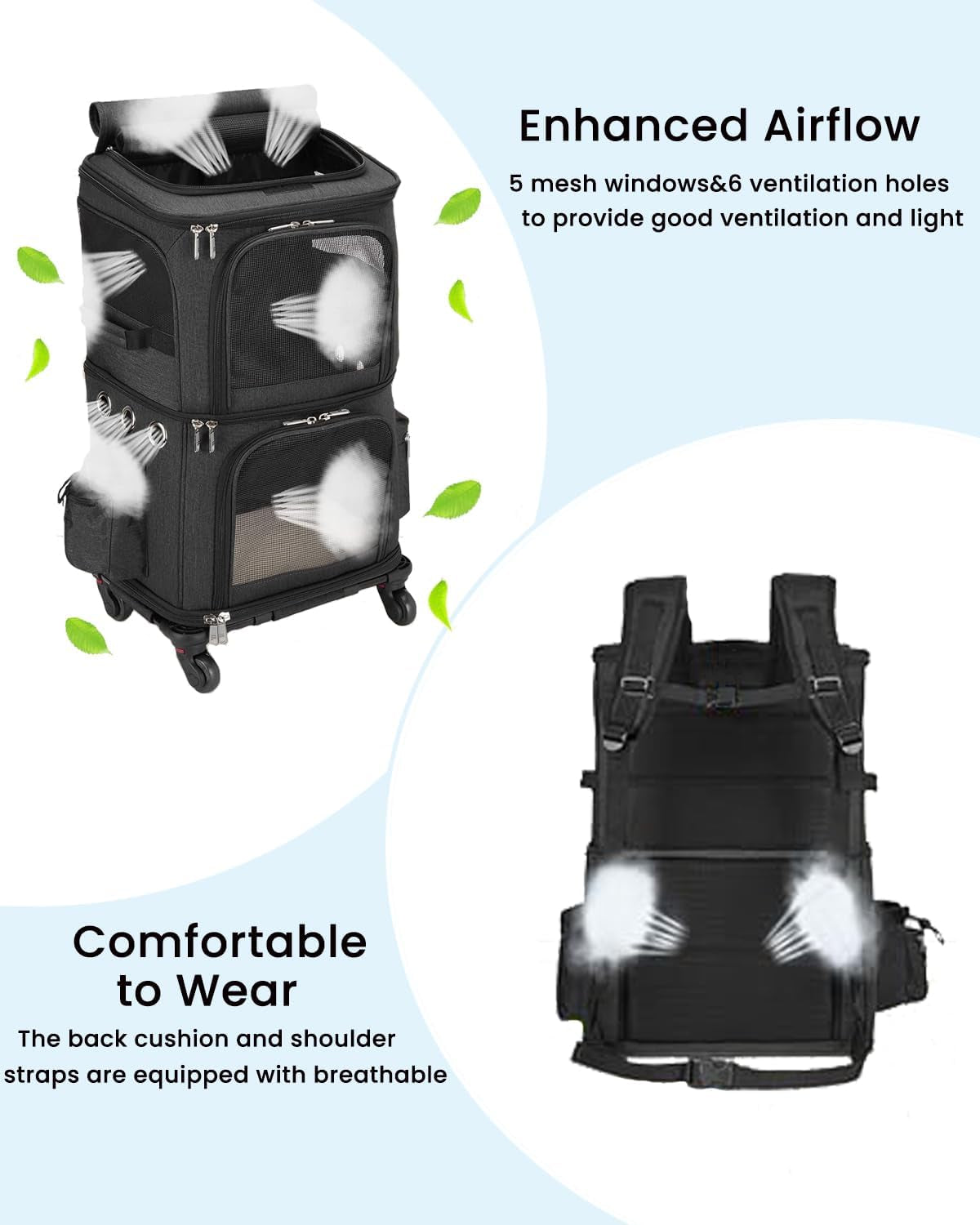 Double-Compartment Cat Carrier Backpack with Wheels for Two Pets