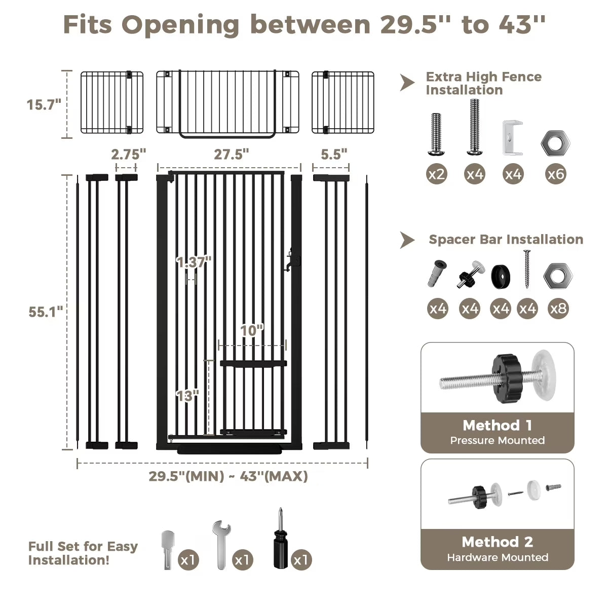 Cat Gate, 71"Extra Tall Dog Gate, 43''Wide Pet Gate Pressure Mounted, Safety Gate for Pets,Black