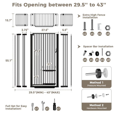 Cat Gate, 71"Extra Tall Dog Gate, 43''Wide Pet Gate Pressure Mounted, Safety Gate for Pets,Black