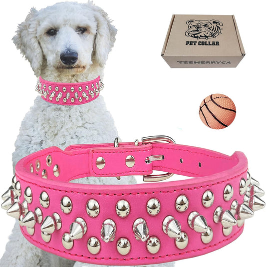 Adjustable PU Leather Spiked Studded Dog Collars with a Squeak Ball Gift for Small Medium Large Pets like Cats/Pit Bull/Bulldog/Pugs/Husky, Hot Pink, L 15"-18.5"