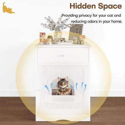 Litter Box Enclosure, Hidden Cat Litter Box Cabinet with Drawer, Wooden Pet Crate, Litter Box Furniture as Cat House, End Table, Fit Most of Litter Box (White)