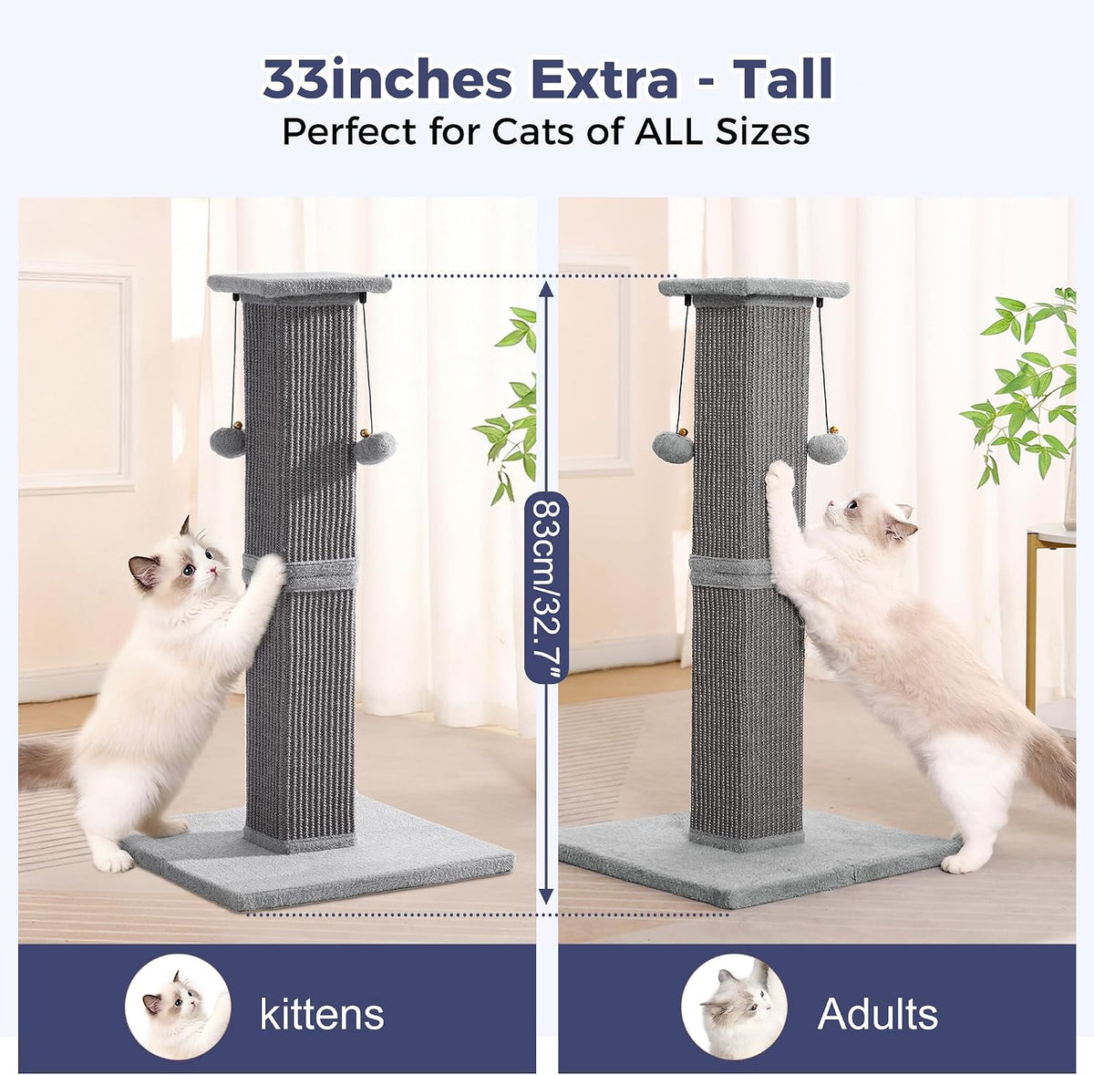 Cat Scratching Post 33 Inch Heavy Duty Sisal Scratcher Post Gray
