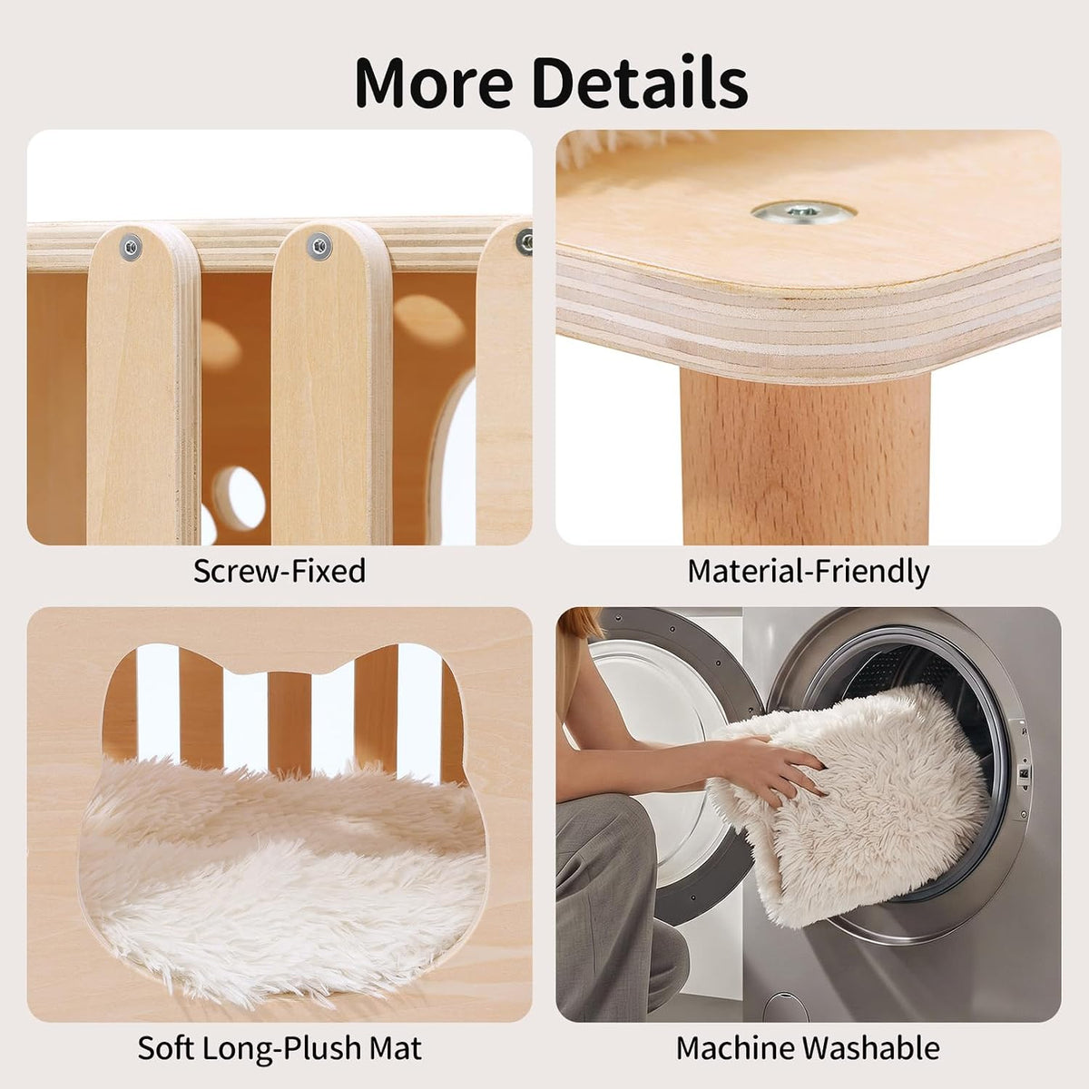4-In-1 Wooden Cat Beds for Indoor Cats, Breathable Cat Cave with Washable Cushion Cat House
