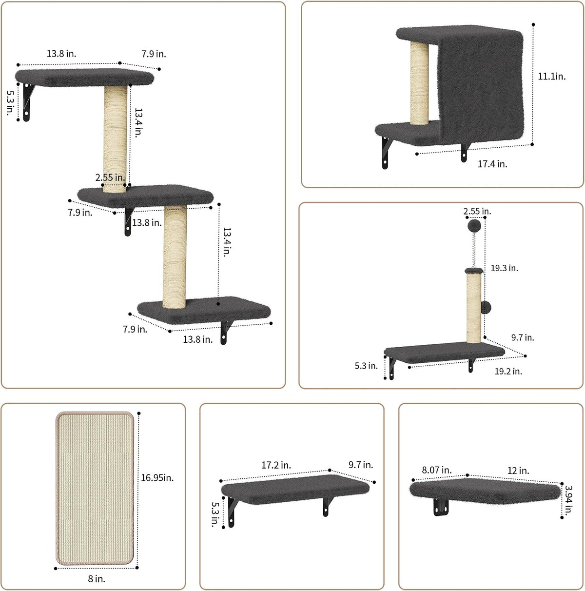 Cat Wall Shelves for Large Cats, Stable & Safe Kitty Walls Furniture Set for 40LBS Cats with Wooden Cat Climber,House, Bridge, Tree, Steps, and Scratcher for 16 Inch Drywall (Black, 6-In-1)