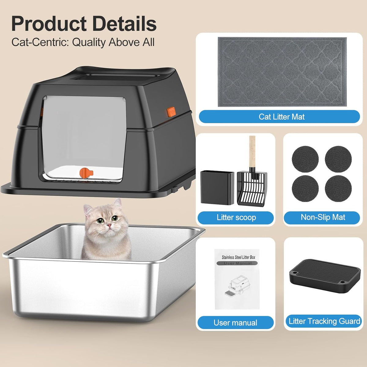 Extra Large Stainless Steel Litter Box with Lid, Easy-Clean Pan