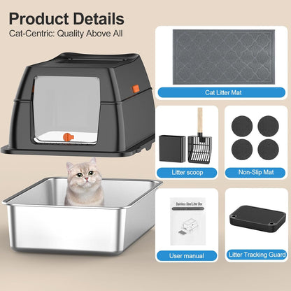 Extra Large Stainless Steel Litter Box with Lid, Easy-Clean Pan