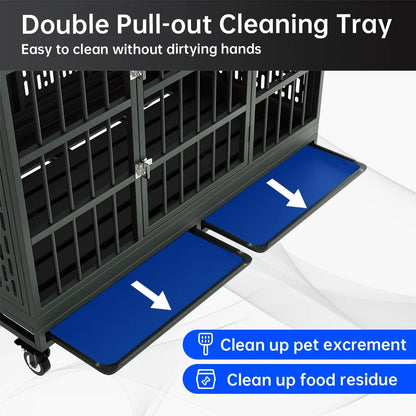 48 Inch Heavy Duty Dog Crate with Wheels for Indoor and Outdoor, Extra Large，Removable Tray