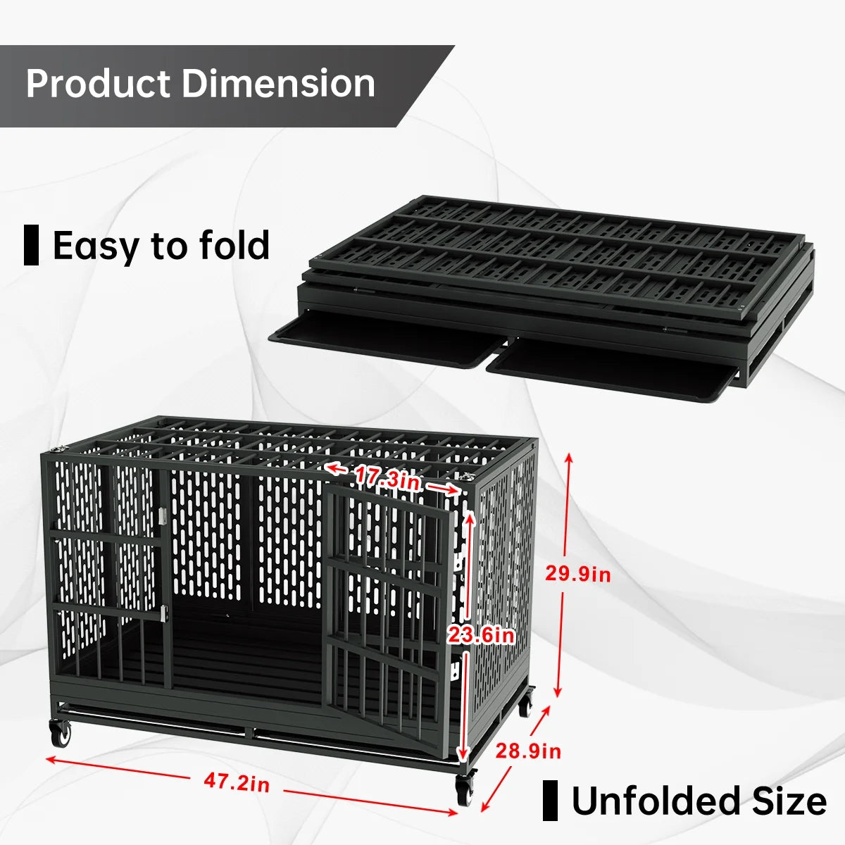 48 Inch Heavy Duty Dog Crate with Wheels for Indoor and Outdoor, Extra Large，Removable Tray