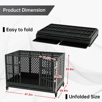48 Inch Heavy Duty Dog Crate with Wheels for Indoor and Outdoor, Extra Large，Removable Tray