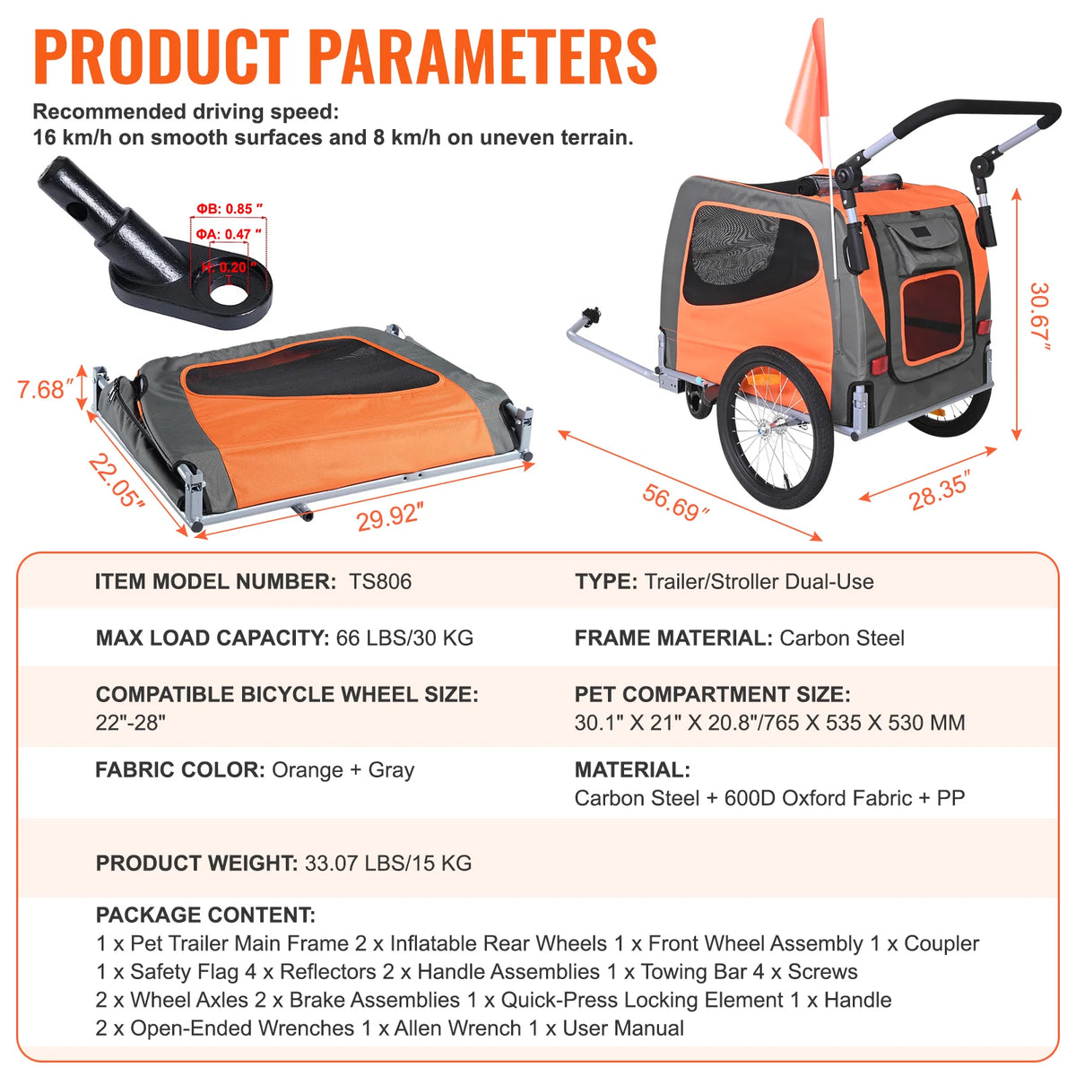 2-in-1 Dog Bike Trailer and Stroller - up to 66 lbs, Orange/Gray