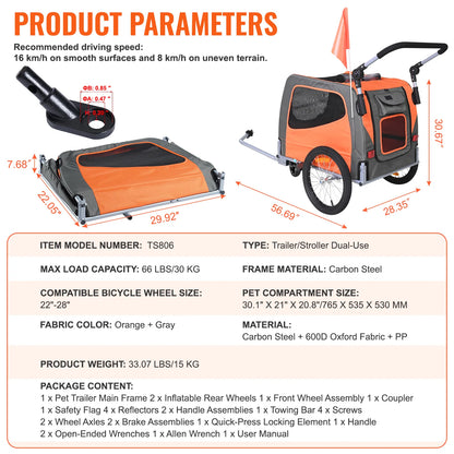 2-in-1 Dog Bike Trailer and Stroller - up to 66 lbs, Orange/Gray