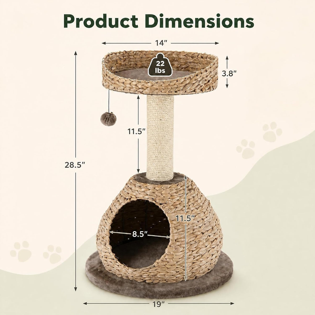 Modern Cat Tree Tower, Paper Rope Natural Bowl Shaped with Perch, Scratching Post, Rattan Cat Activity Tree for Kittens, 28" Tall