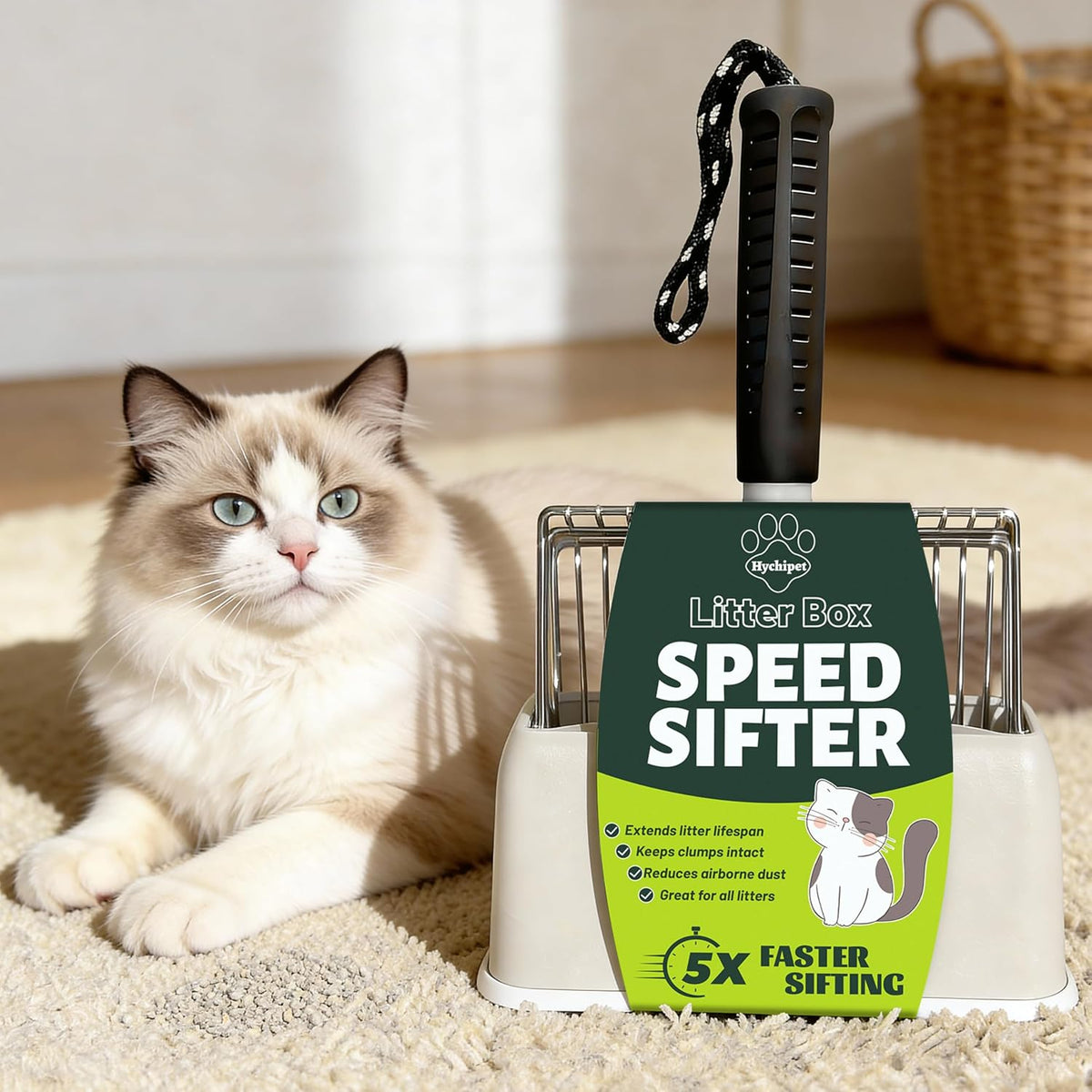 [2026 Version] 304 Stainless Steel Cat Litter Scooper with Holder, Efficient Metal Cat Litter Scoop，Heavy Cat Pooper Scooper, Kitty Litter Box Scooper-Perfect Cat Scooper for Litter Box Cleaning
