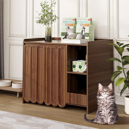 Large Litter Box Enclosure with Litter Collector, Hidden Litter Box Furniture for Automatic Litter Box, Cat Robot 3/4, Dog Proof Litter Box Cabinet, Side Table, Walnut
