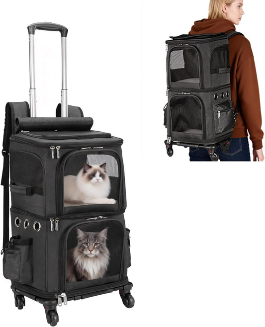 Double-Compartment Cat Carrier Backpack with Wheels for Two Pets