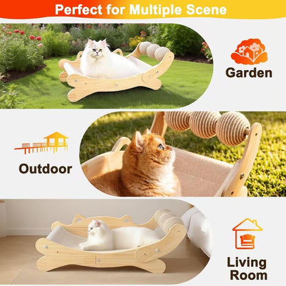 Cat Scratcher Bed, Heavy Duty Sisal Cat Scratching Post with Hammock for Indoor Cats, Natural Wood Cat Lounge for Sleeping & Scratching, Stable Bed for Large Cats