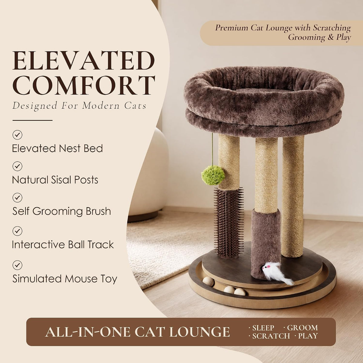 22" Cat Scratching Post with Tower Soft Bed, Heavy-Duty Wood Base