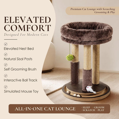 22" Cat Scratching Post with Tower Soft Bed, Heavy-Duty Wood Base
