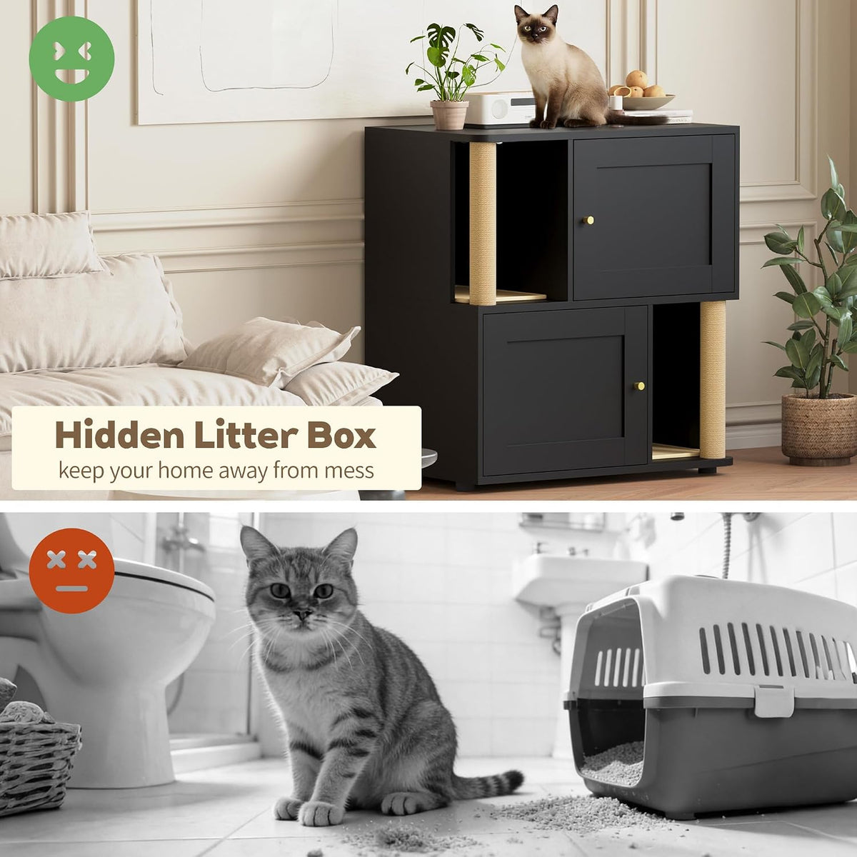 Double Cat Litter Box Enclosure, Litter Box Cabinet for 2 Cats, Hidden Cat Litter Box Furniture, Dog-Proof Litter Box Enclosure with Cats Scratching Post, Suitable for Most Litter Boxes