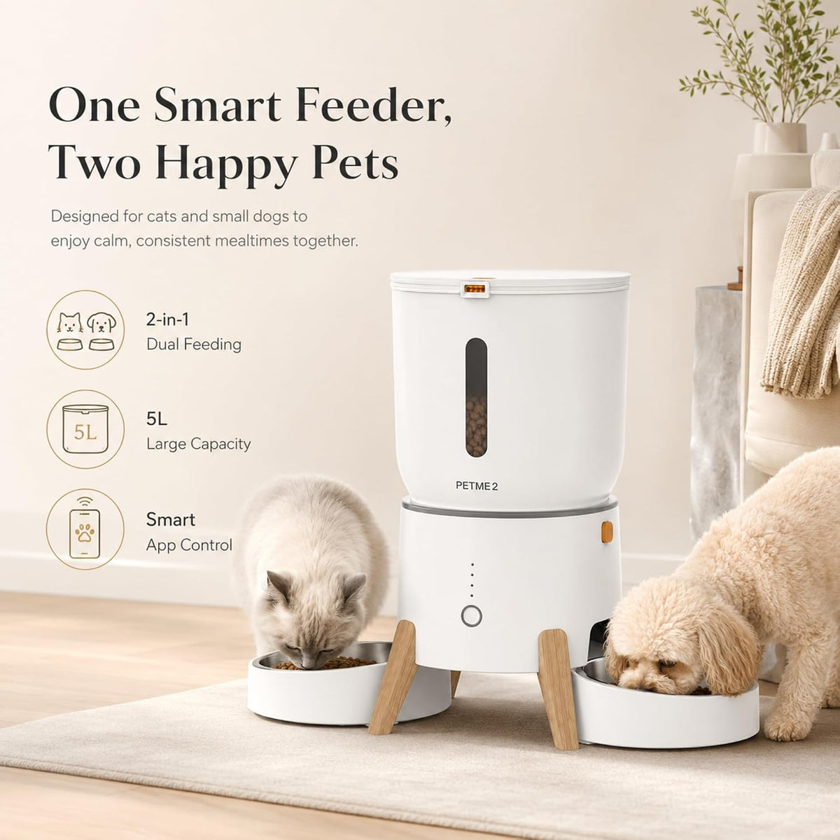 Dual Bowl Automatic Cat Feeder - 5L Wifi Smart Elevated Cat Feeding Station with App Control, Voice Recording, Dual Power Options, Stainless Steel Cat Bowls & Anti-Jam Technology for Small Dogs
