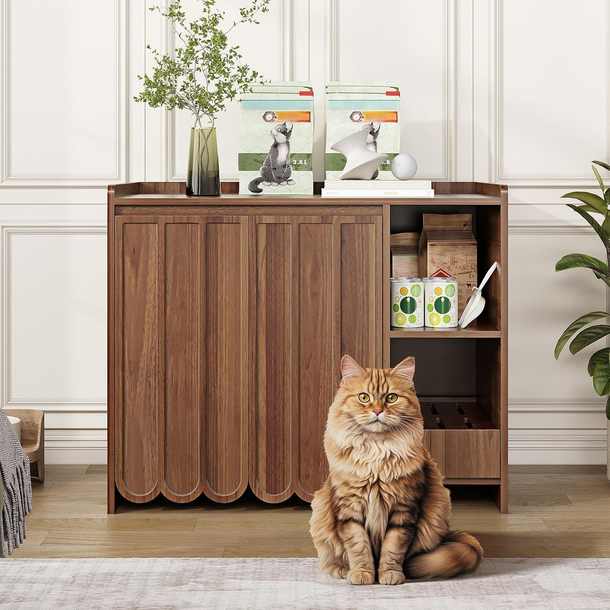 Large Litter Box Enclosure with Litter Collector, Hidden Litter Box Furniture for Automatic Litter Box, Cat Robot 3/4, Dog Proof Litter Box Cabinet, Side Table, Walnut