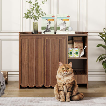 Large Litter Box Enclosure with Litter Collector, Hidden Litter Box Furniture for Automatic Litter Box, Cat Robot 3/4, Dog Proof Litter Box Cabinet, Side Table, Walnut