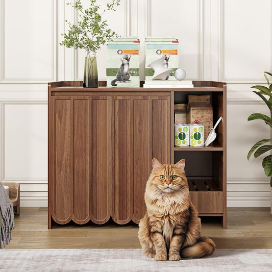 Large Litter Box Enclosure with Litter Collector, Hidden Litter Box Furniture for Automatic Litter Box, Cat Robot 3/4, Dog Proof Litter Box Cabinet, Side Table, Walnut