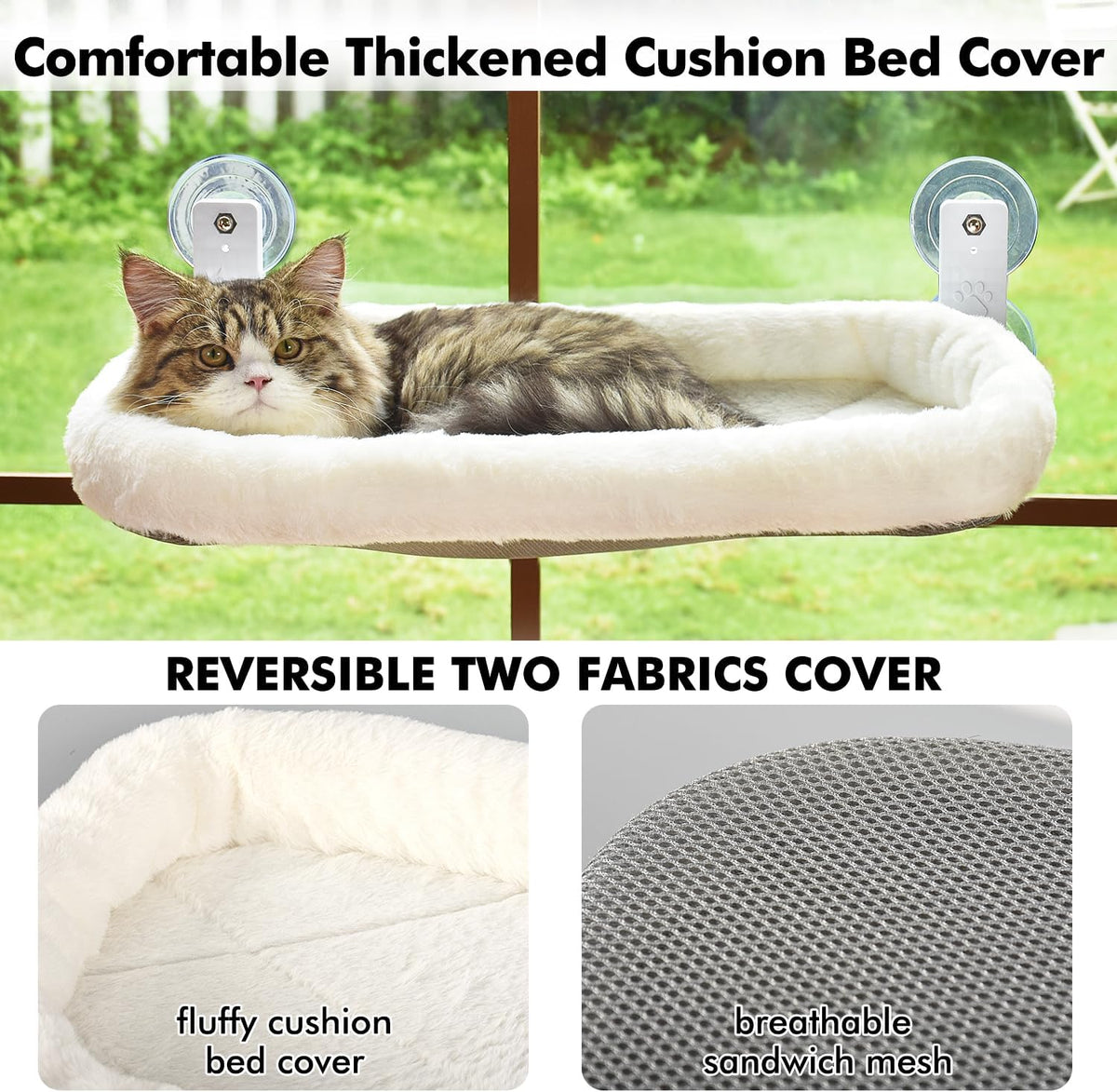 Cordless Cat Window Perch with Cushion Bed Metal Frame, L White