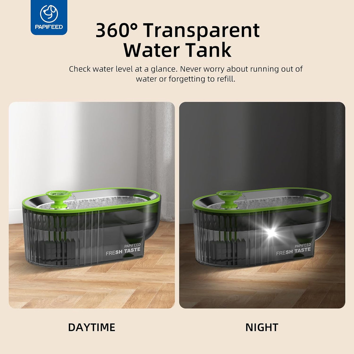 Cat Water Fountain Stainless Steel with a Silicone Mat, 84Oz/2.5L Automatic Pet Water Fountain with LED Water Level Window, Quiet Low Power Cat Water Bowl & Cat Water Dispenser (Green)