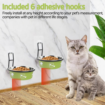 Elevated Pet Bowls, Wall Mounted Cat Food Dish, Raised Cat Food and Water Bowls, Stainless Steel Elevated Pet Bowls with Stand, Nonslip No Spill Pet Feeding Bowls (2 Packs) (Green)