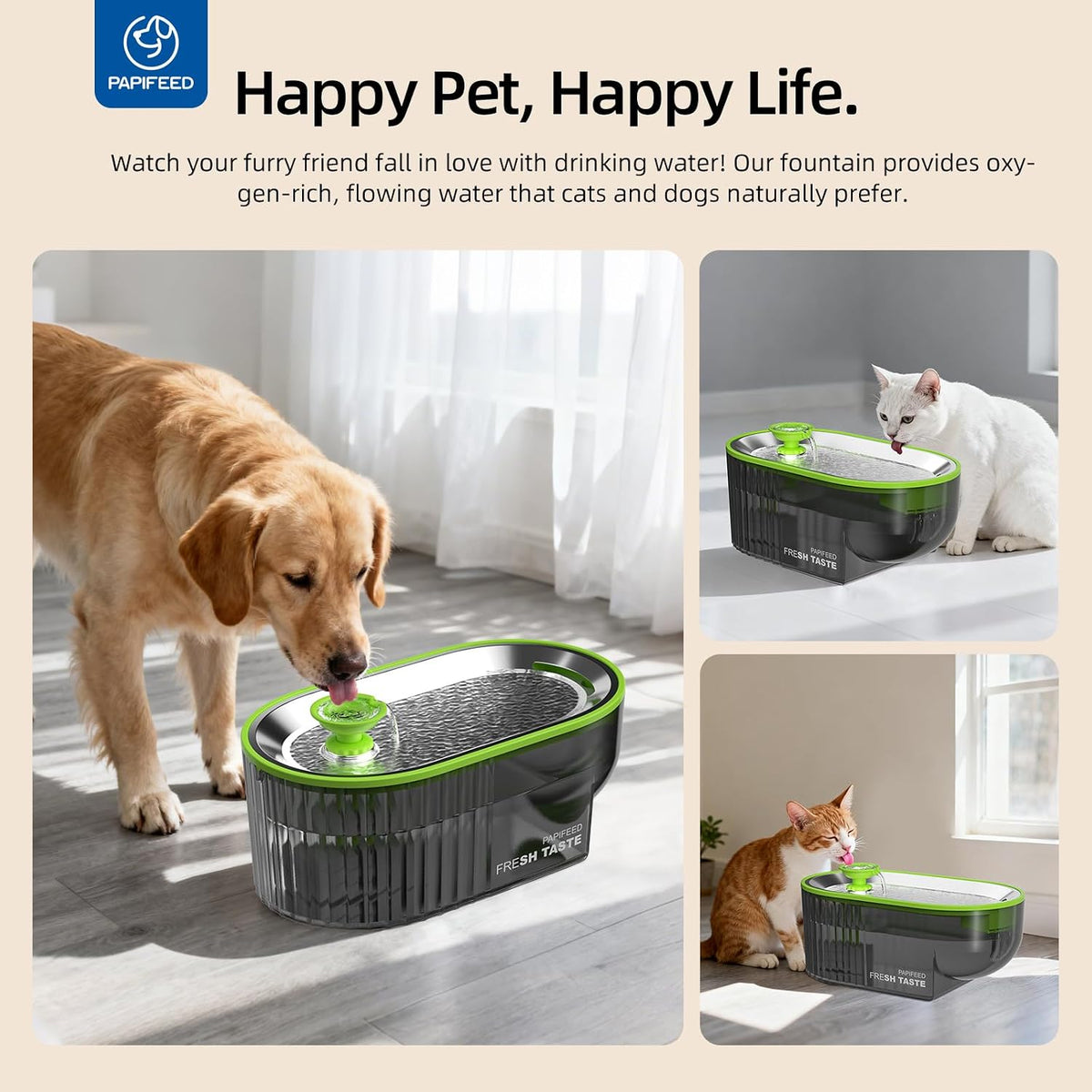 Cat Water Fountain Stainless Steel with a Silicone Mat, 84Oz/2.5L Automatic Pet Water Fountain with LED Water Level Window, Quiet Low Power Cat Water Bowl & Cat Water Dispenser (Green)